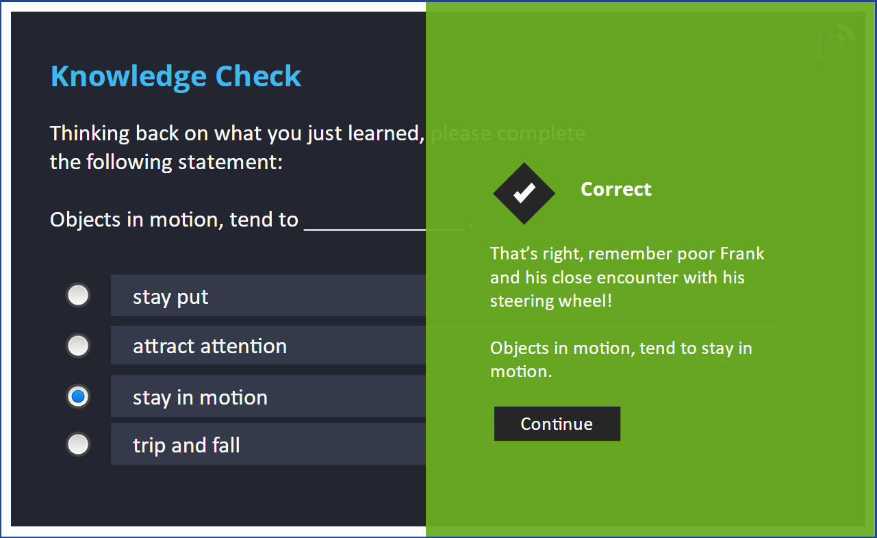 Screen shot of an eLearning knowledge check.